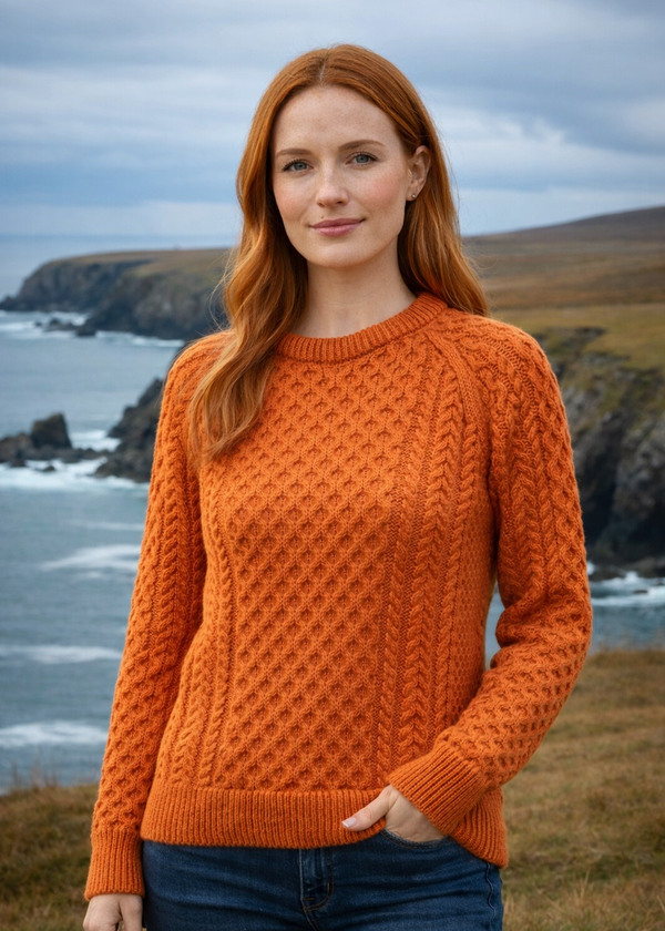 Ladies Slim-Fit Aran Sweater in Terracotta | 100% Merino Wool