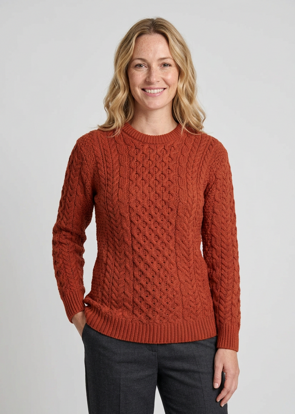 Ladies Slim-Fit Merino Aran Sweater | Autumn Leaf 