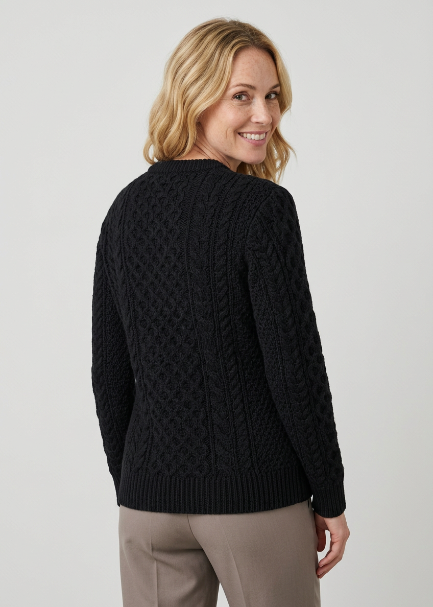 Ladies Slim-Fit Merino Aran Sweater | Black 