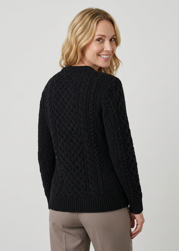 Ladies Slim-Fit Merino Aran Sweater | Black 