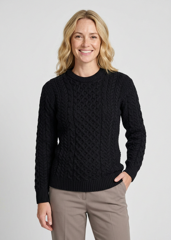 Ladies Slim-Fit Merino Aran Sweater | Black 