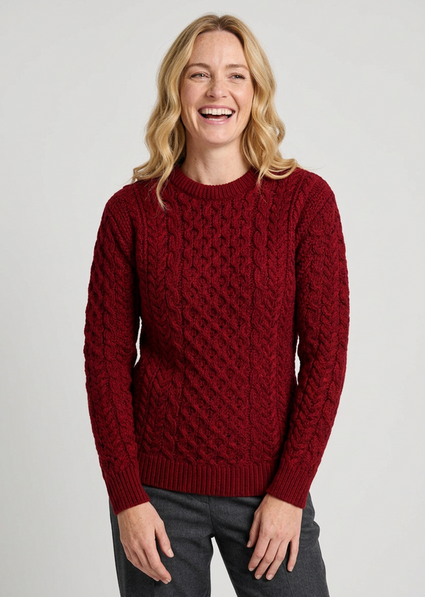 Ladies Slim-Fit Merino Aran Sweater | Red 