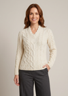 Ladies V-Neck Supersoft Merino Aran Sweater - Natural