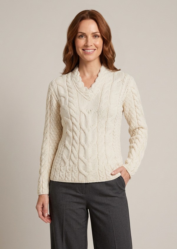 Ladies V-Neck Supersoft Merino Aran Sweater - Natural