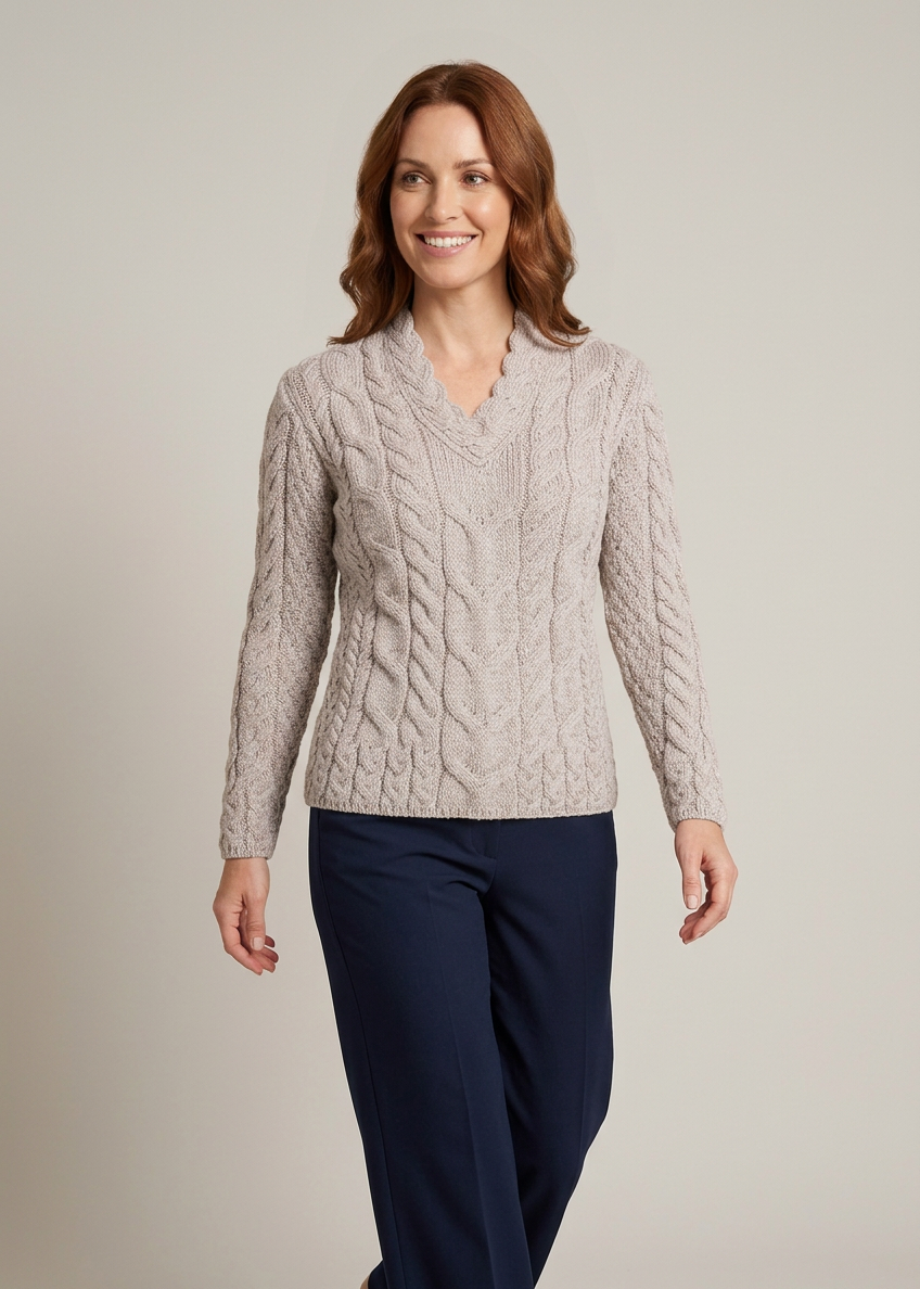 Ladies V-Neck Supersoft Merino Aran Sweater - Oatmeal