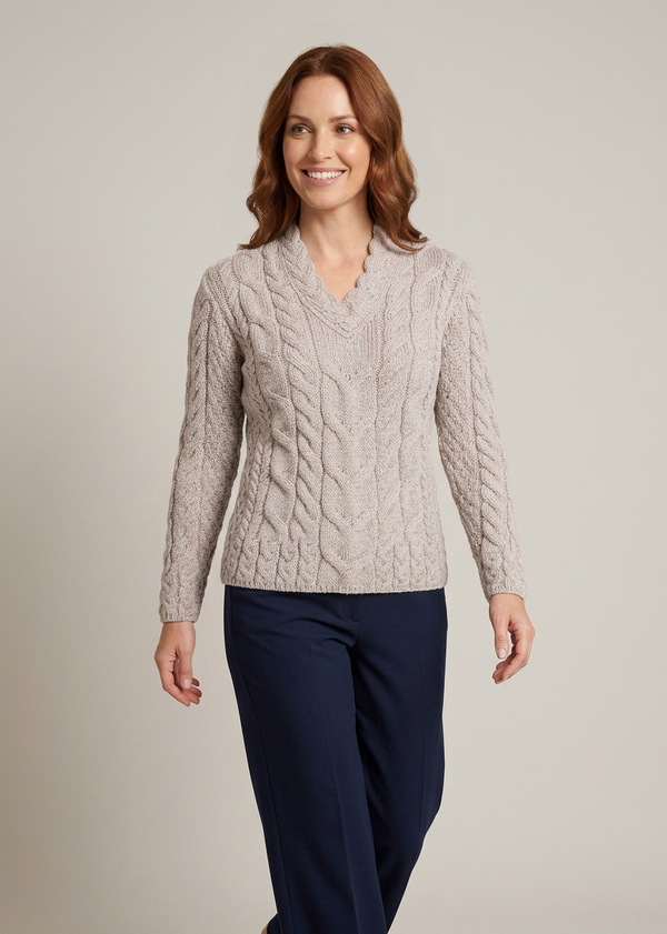 Ladies V-Neck Supersoft Merino Aran Sweater - Oatmeal