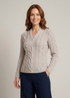 Ladies V-Neck Supersoft Merino Aran Sweater - Oatmeal