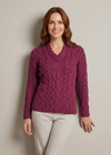 Ladies V-Neck Supersoft Merino Aran Sweater - Raspberry