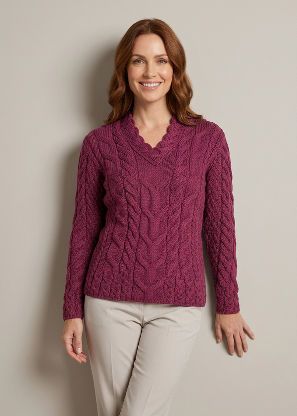 Ladies V-Neck Supersoft Merino Aran Sweater - Raspberry