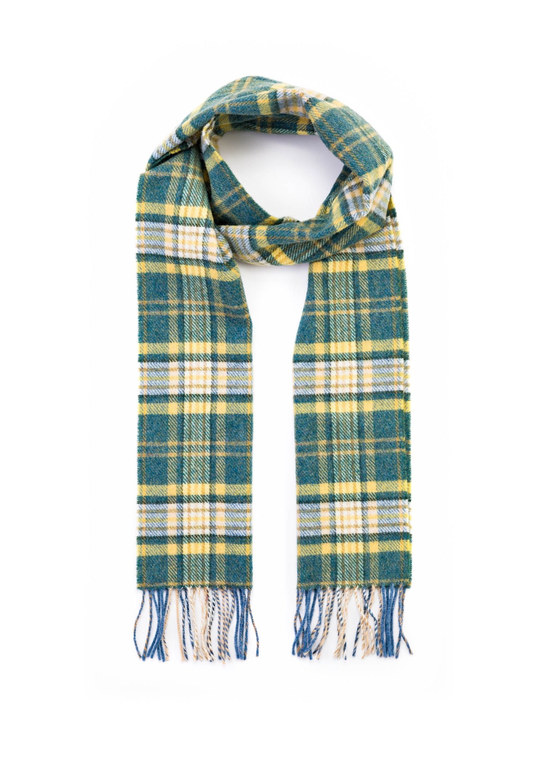John Hanly Yellow Green Mix Check Lambswool Scarf