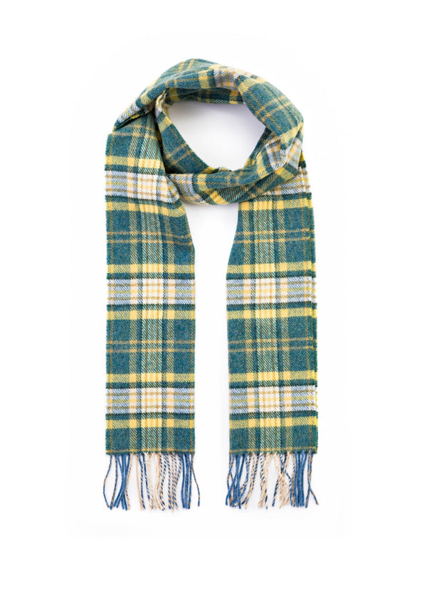 John Hanly Yellow Green Mix Check Lambswool Scarf