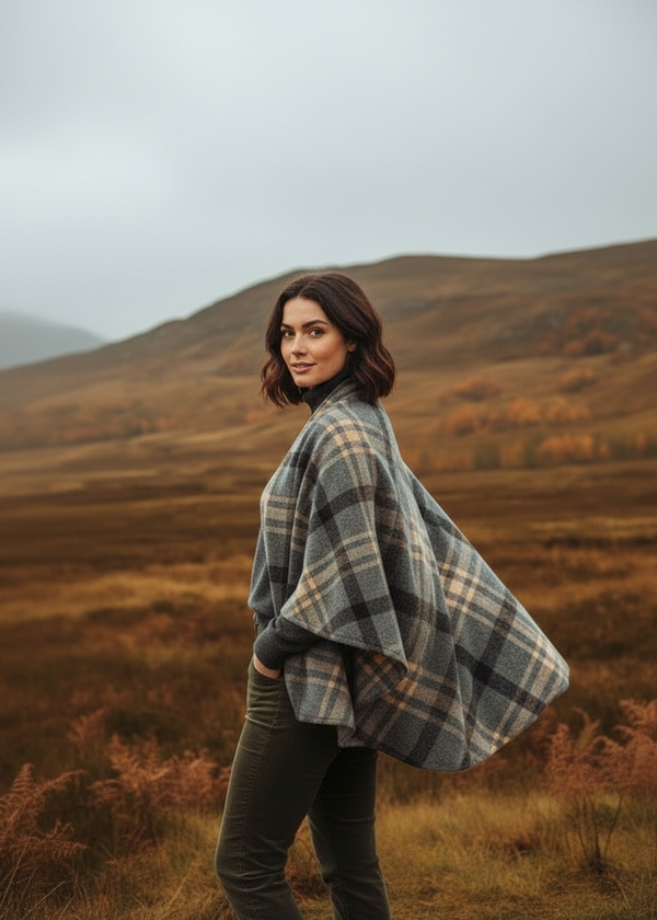New Pose Irish Lambswool Cape Grey Beige Check | John Hanly Made in Ireland