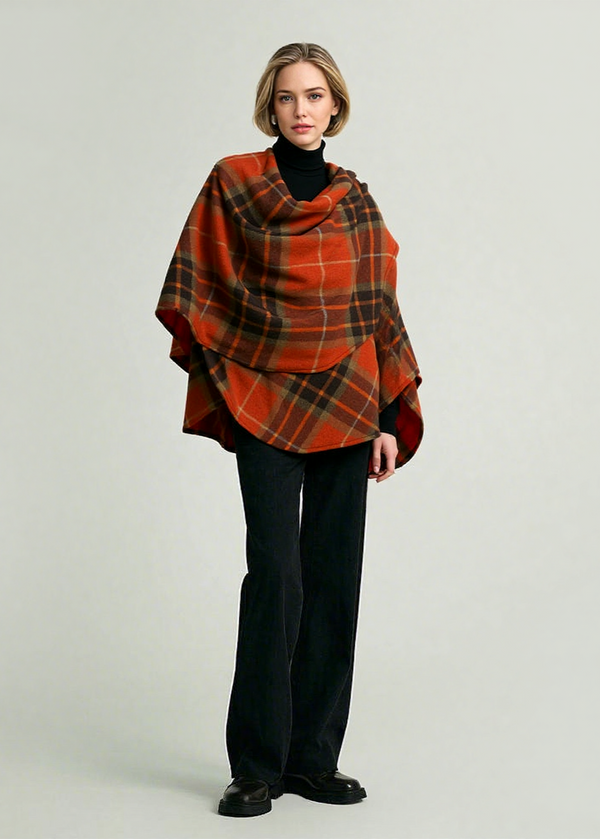 John Hanly Lambswool Cape | Orange Tartan Mix