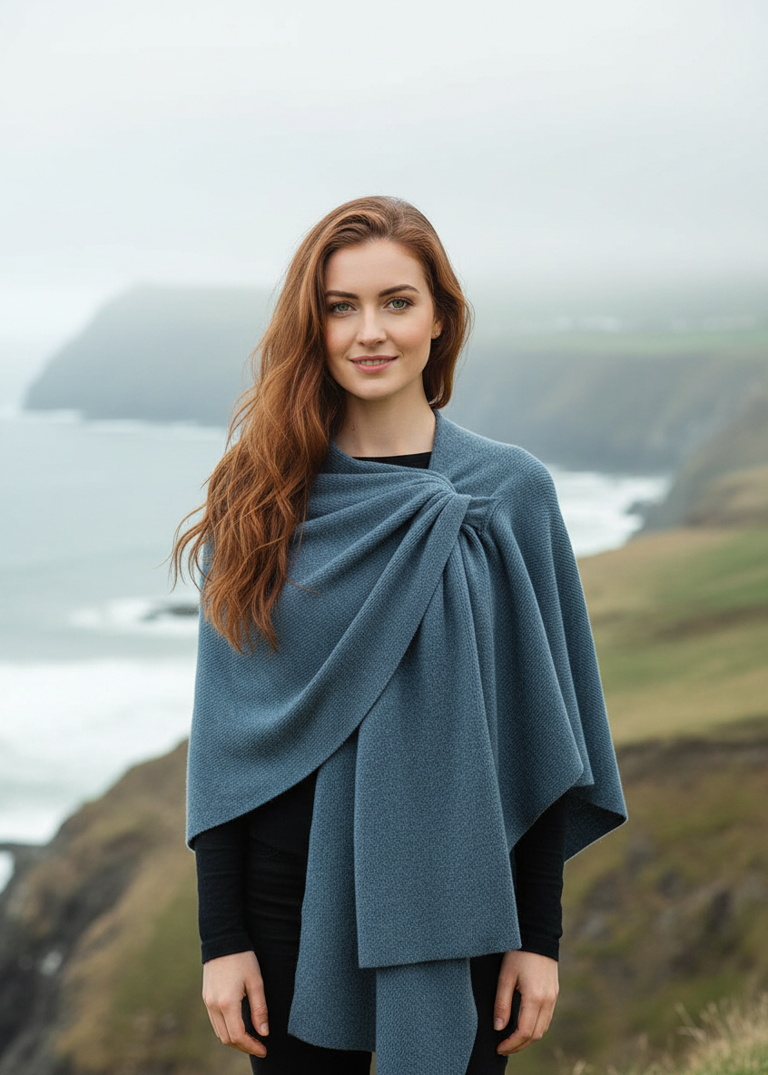 Lambswool Draped Shawl - Denim Blue Asymmetrical Wrap