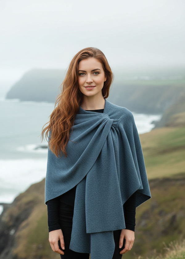 Lambswool Draped Shawl - Denim Blue Asymmetrical Wrap