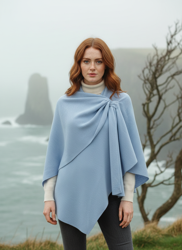 Lambswool Draped Shawl Light Blue | Irish Asymmetrical Design