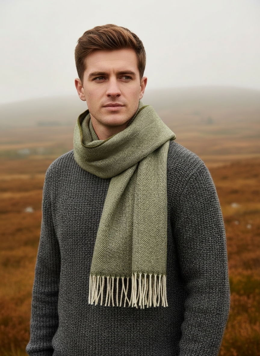 Man wearing a green scarf and gray sweater standing in a field