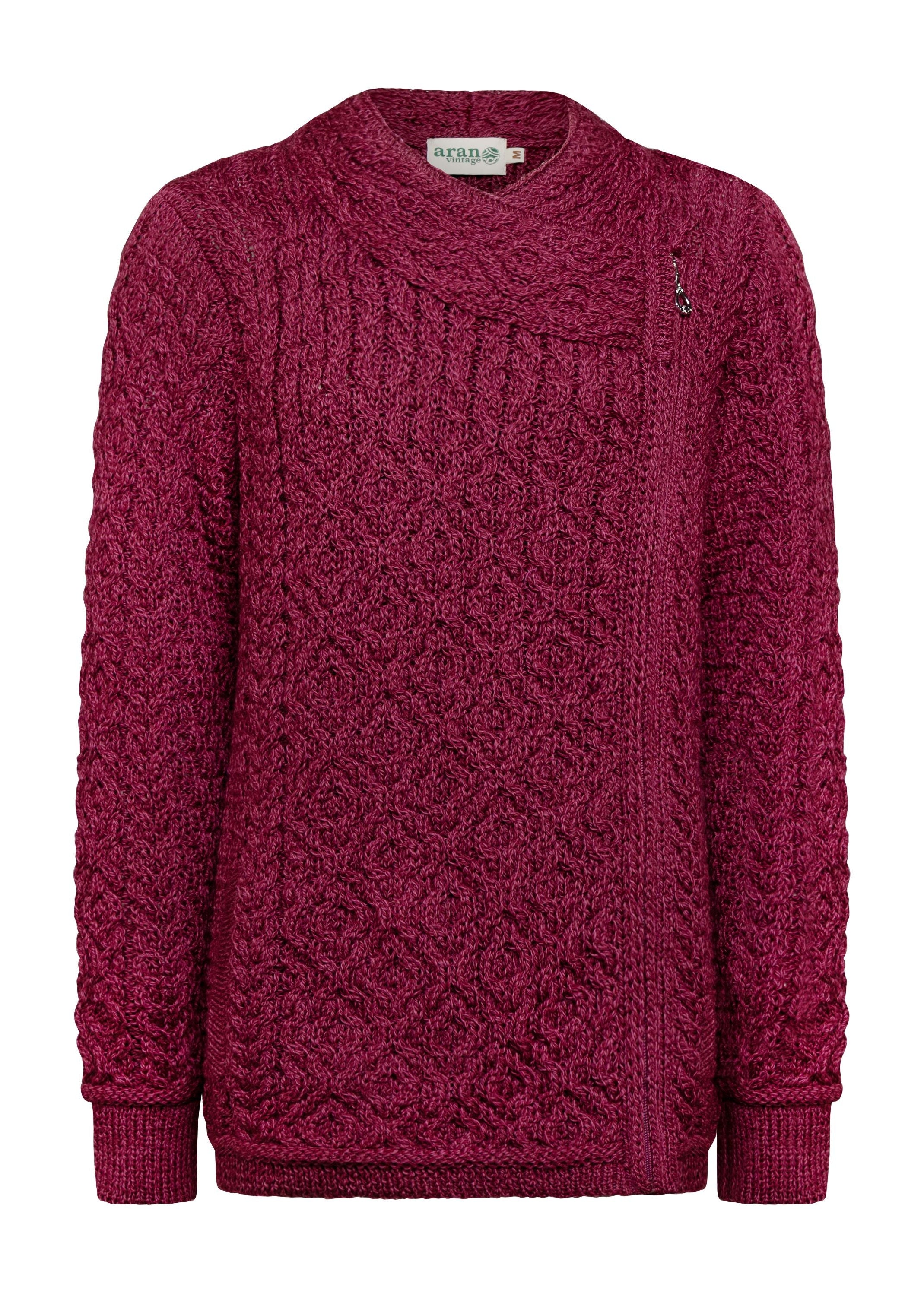Claddagh Zip Skellig Aran Cardigan | Raspberry