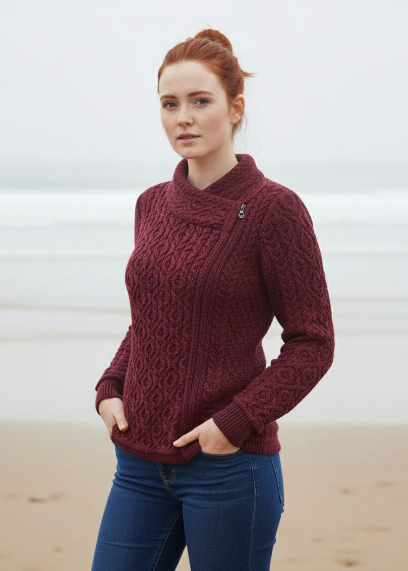 Claddagh Zip Skellig Aran Cardigan | Raspberry