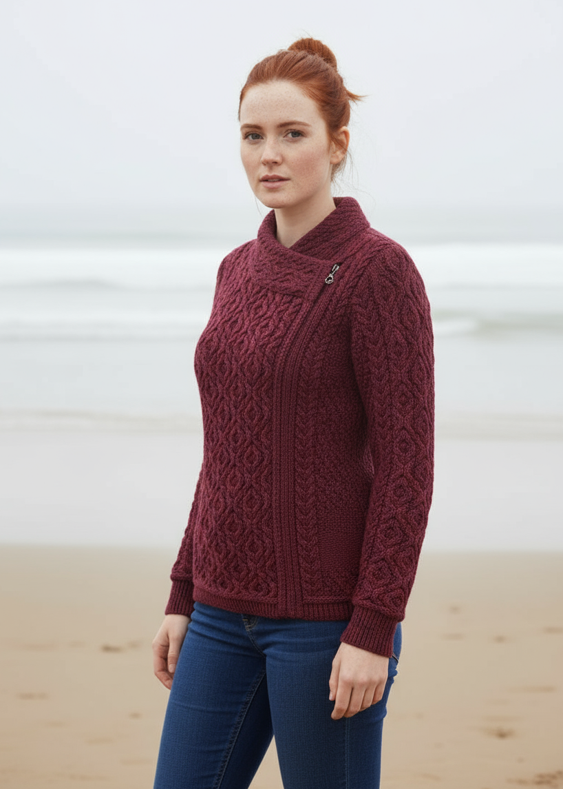 Claddagh Zip Skellig Aran Cardigan | Raspberry