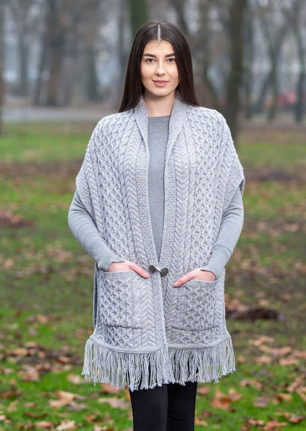 Ladies Aran Pocket Shawl | Grey