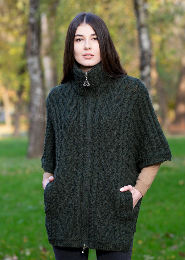 Aran Funnel Neck Cape | Army Green
