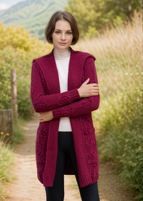 Ladies Classic Long Hooded Cardigan | Burgundy