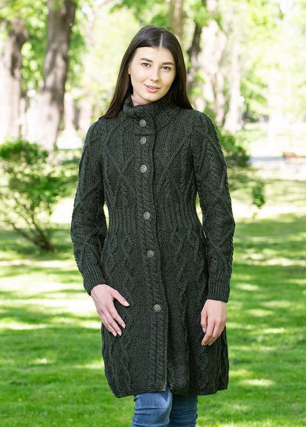 Aran Cable Knit Coat | Army Green