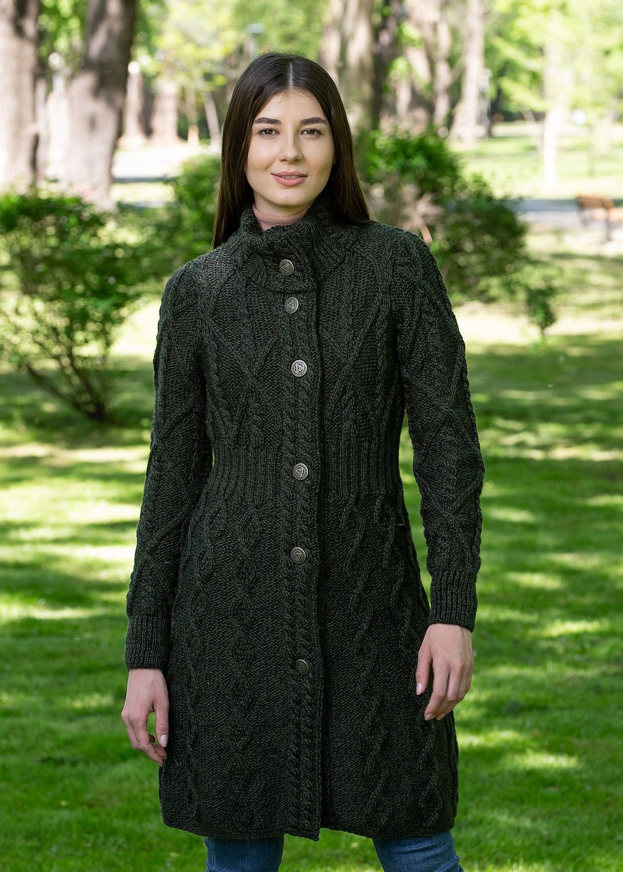 Aran Cable Knit Coat | Army Green