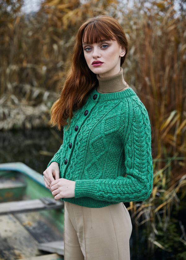 Ladies Aran Stitch Cardigan | Green