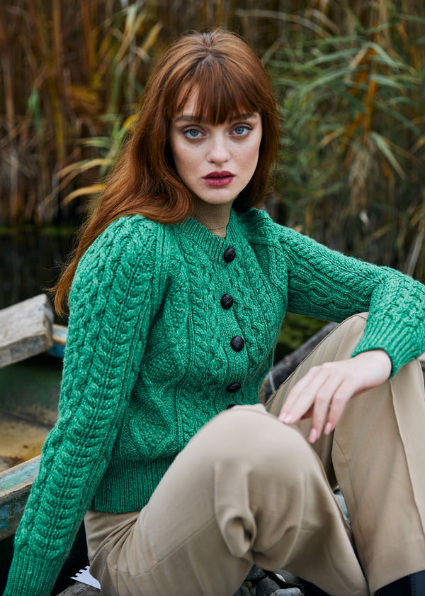 Ladies Aran Stitch Cardigan | Green