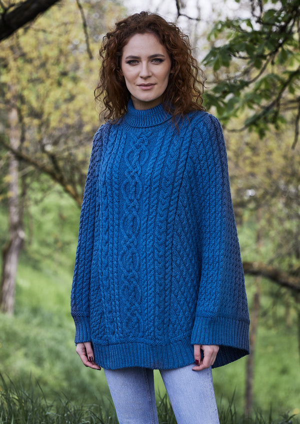 Ladies Cable Knit Aran Poncho | Crystal Teal