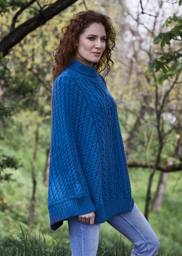 Ladies Cable Knit Aran Poncho | Crystal Teal