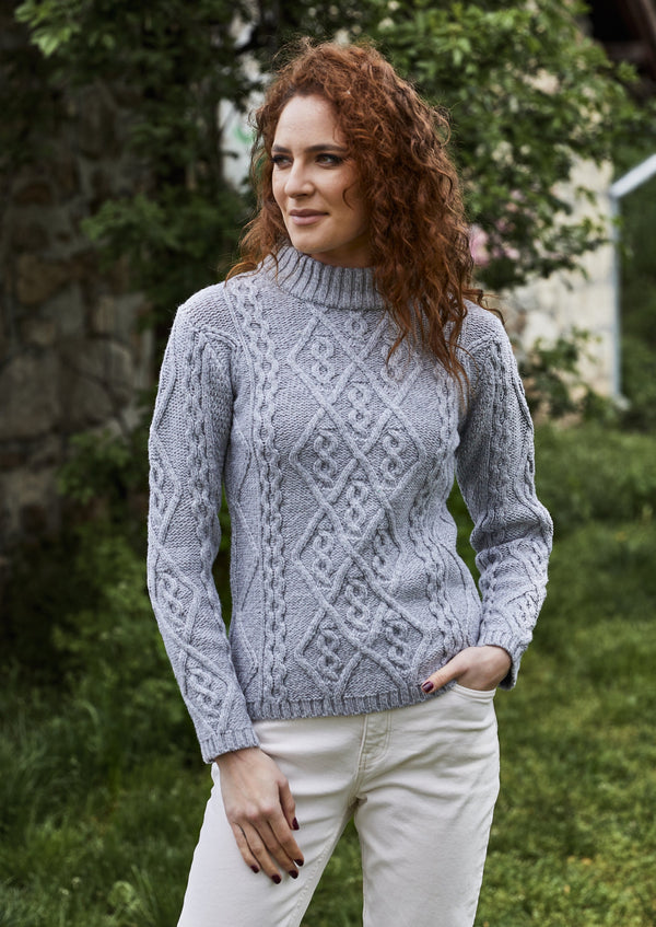 Ladies Aran Cable Knit Sweater | Silver