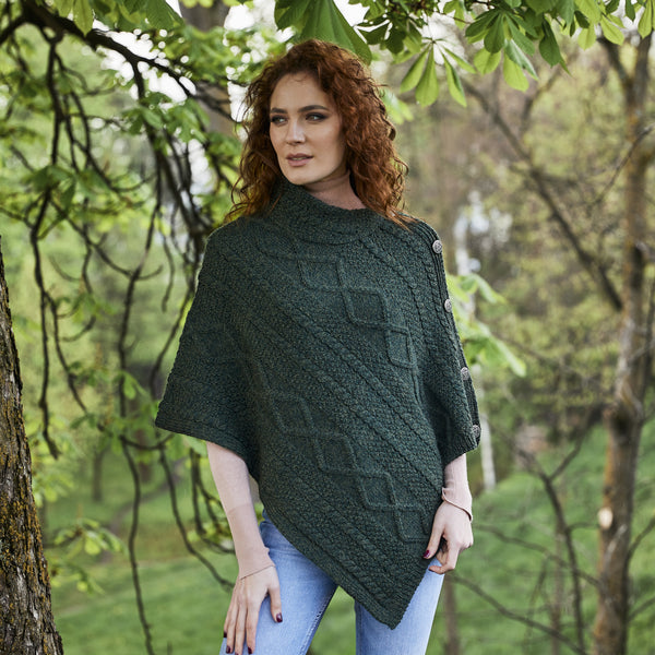 Cable Knit Cowl Neck Aran Poncho | Army Green