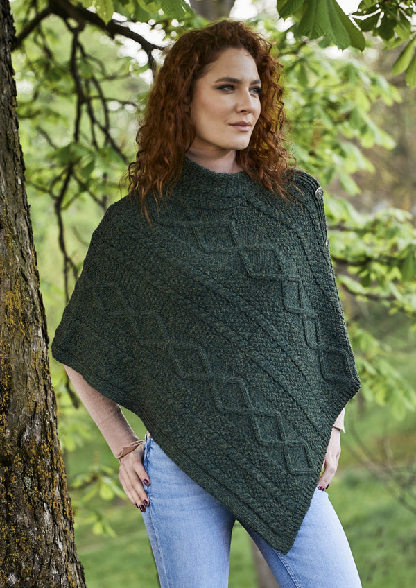 Cable Knit Cowl Neck Aran Poncho | Army Green