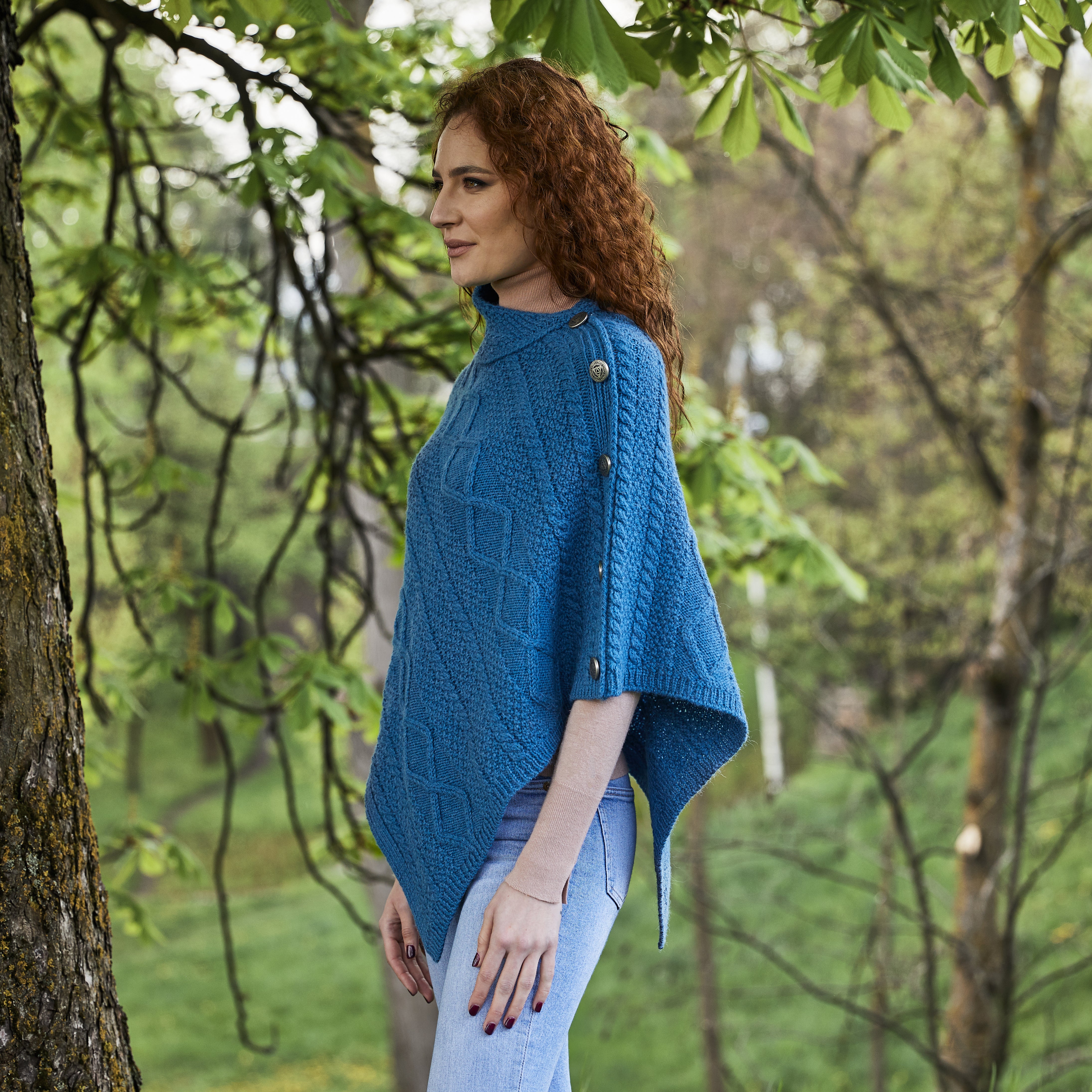 Cable Knit Cowl Neck Aran Poncho | Crystal Teal