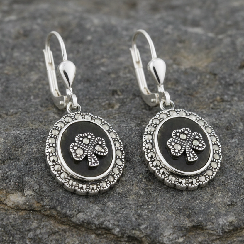 Marcasite Shamrock Connemara Marble Earrings
