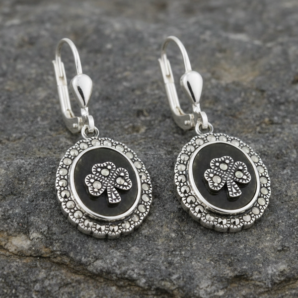 Marcasite Shamrock Connemara Marble Earrings