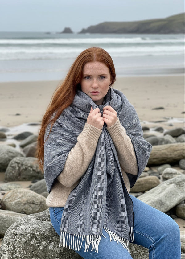 McNutt Navy Herringbone Pashmina Wrap