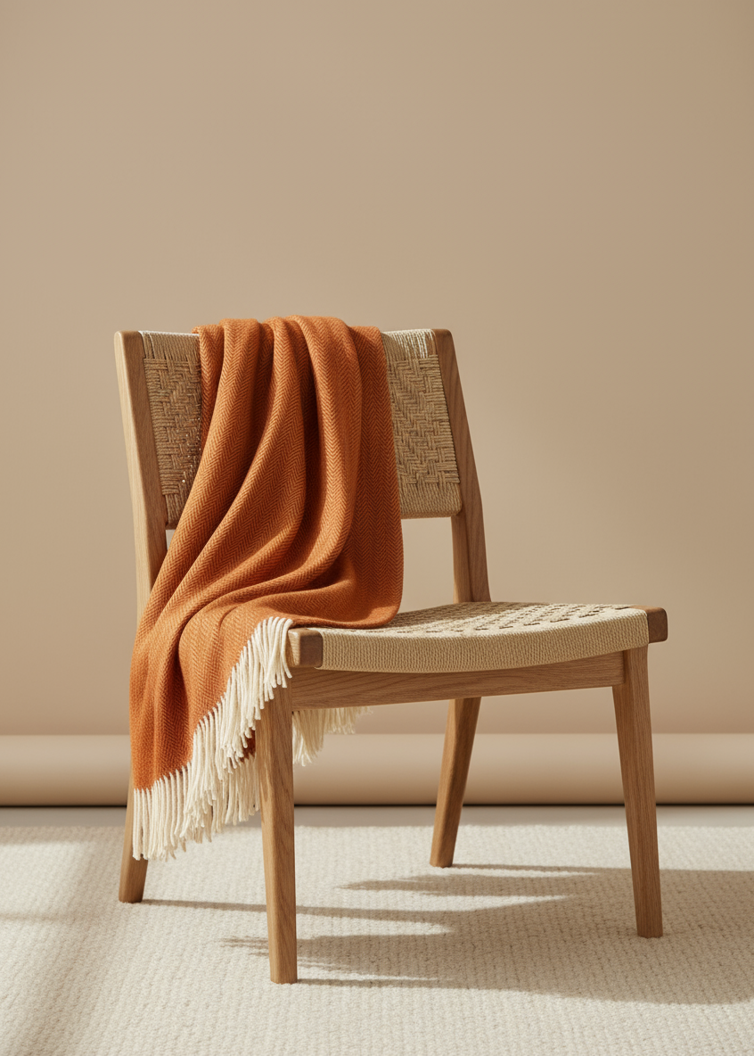 Wooden chair with a rust-colored blanket draped over it against a beige wall.