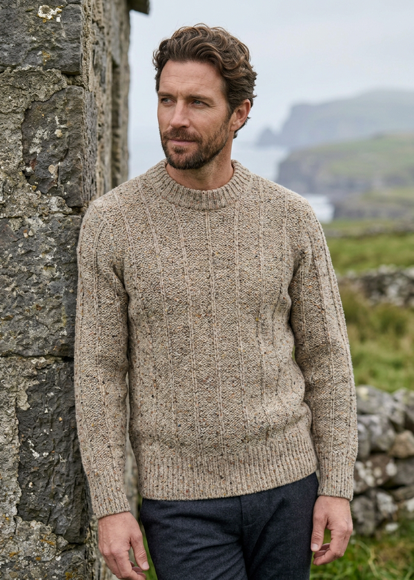 Men's 100% Merino Wool Fisherman Fleck Sweater | Warm Beige