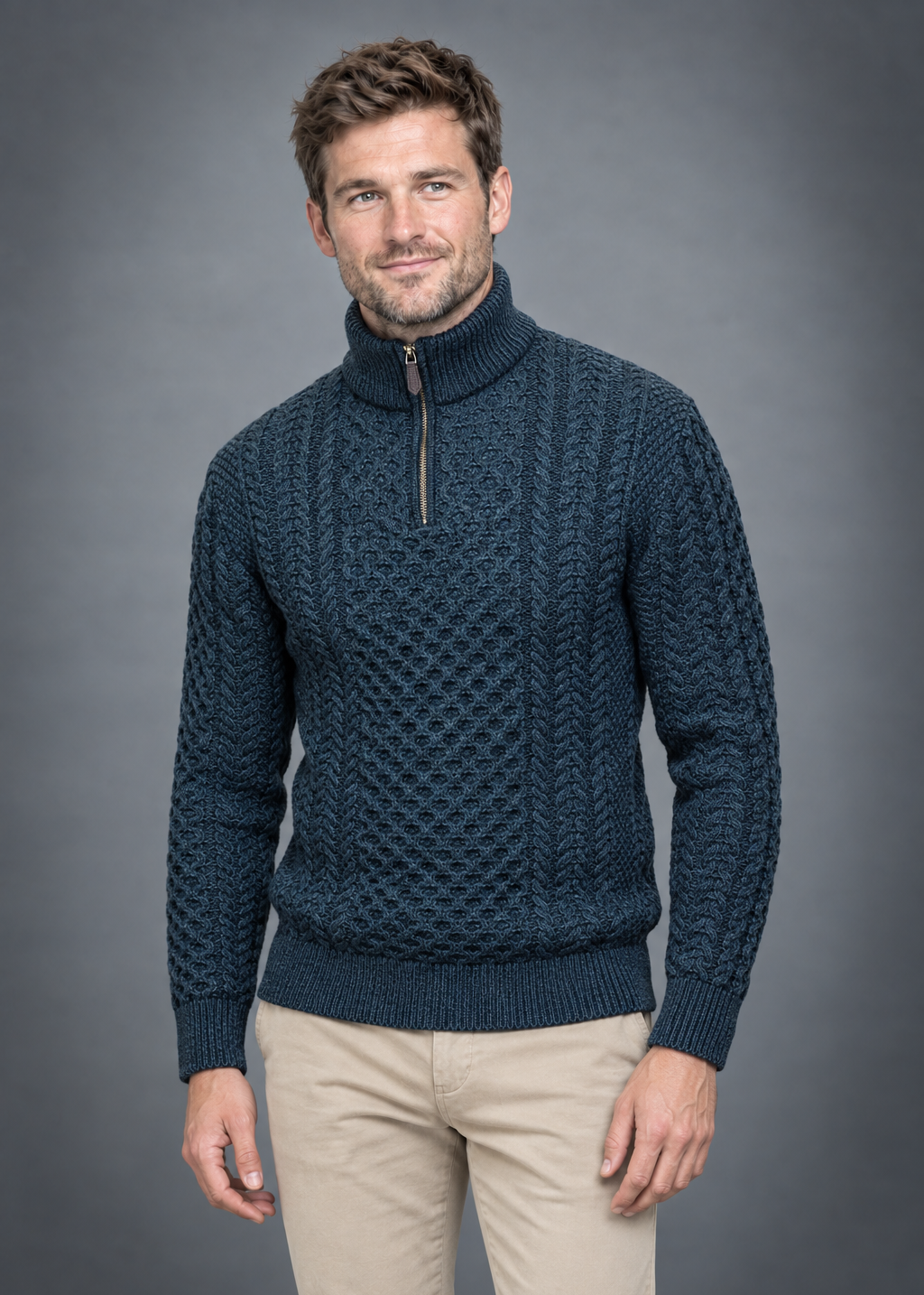 Men's Aran Half Zip Sweater - Blackwatch Navy Green | 100% Merino Wool