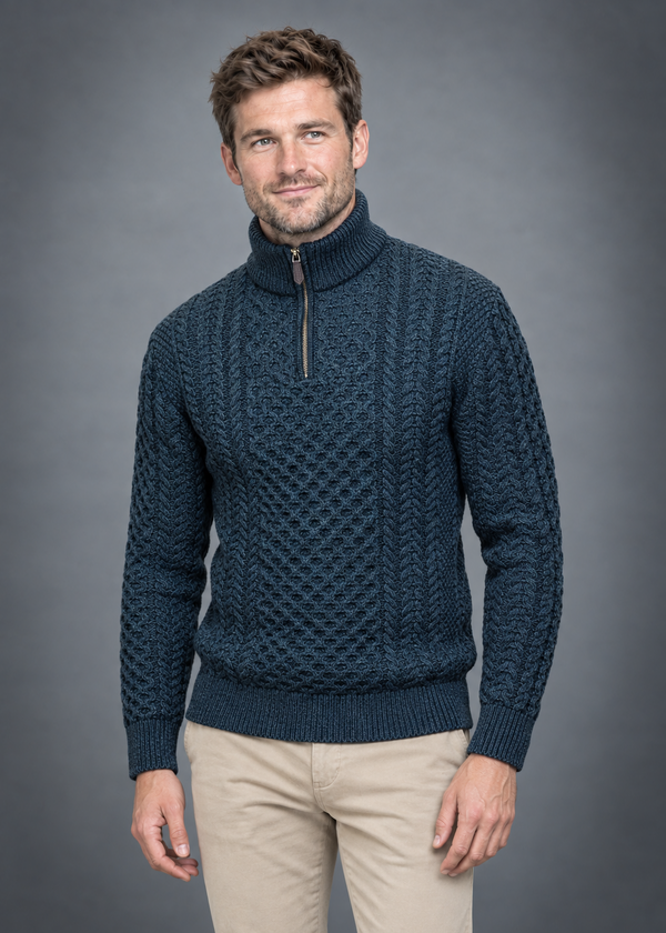 Men's Aran Half Zip Sweater - Blackwatch Navy Green | 100% Merino Wool