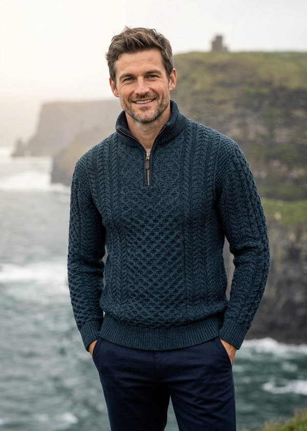 Men's Aran Half Zip Sweater - Blackwatch Navy Green | 100% Merino Wool