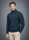 Men's Aran Half Zip Sweater - Blackwatch Navy Green | 100% Merino Wool