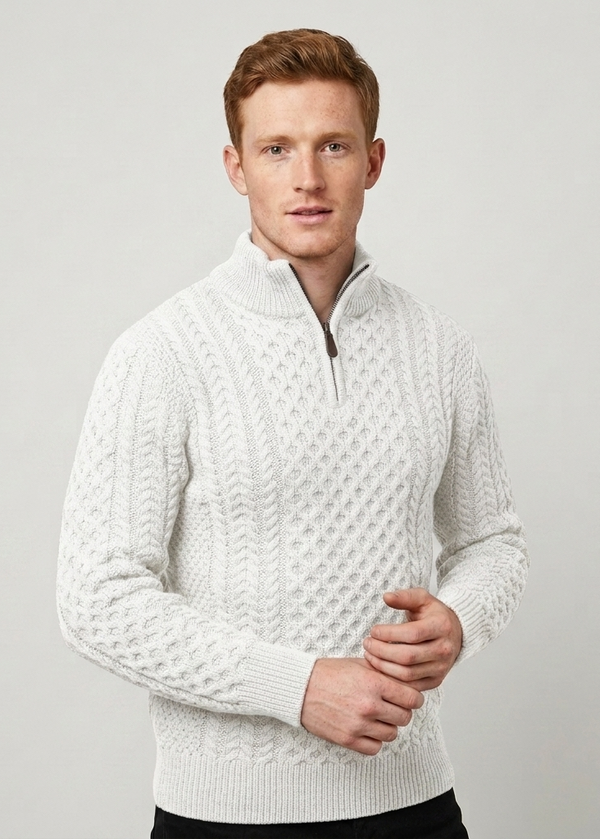 Men's Aran Half Zip Sweater - Natural | 100% Merino Wool