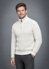 Men's Aran Half Zip Sweater - Natural | 100% Merino Wool | Cable Knit