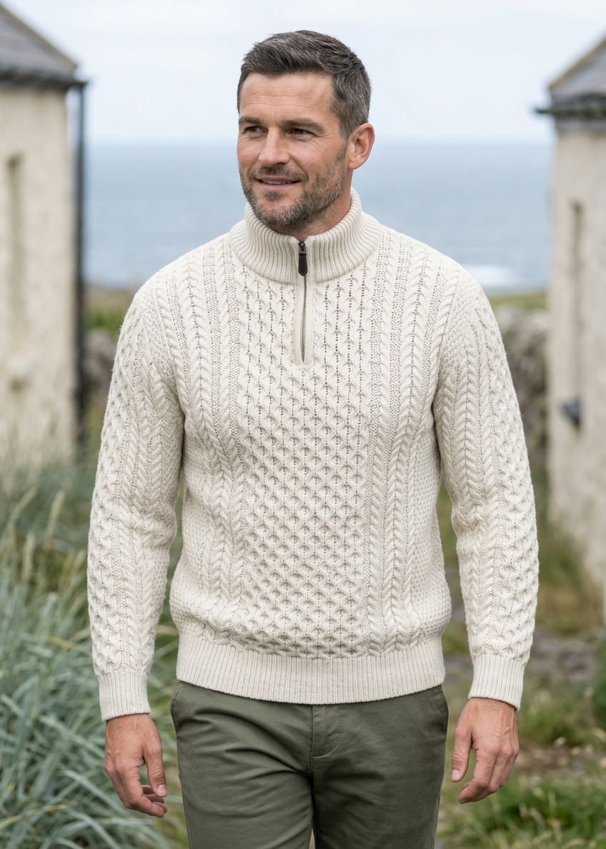 Men's Aran Half Zip Sweater - Natural | 100% Merino Wool | Cable Knit
