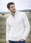 Men's Aran Half Zip Sweater - Natural | 100% Merino Wool | Cable Knit